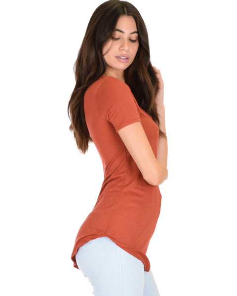 Truly Madly Deep-V Neck Rust Slub Tunic Top