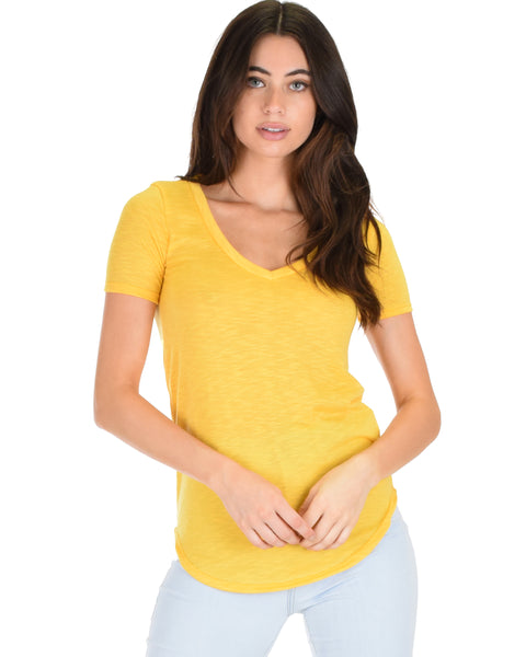 Truly Madly Deep-V Neck Yellow Slub Tunic Top