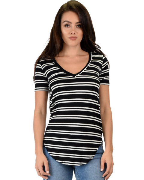 Truly Madly Deep-V Neck Striped Black Tunic Top