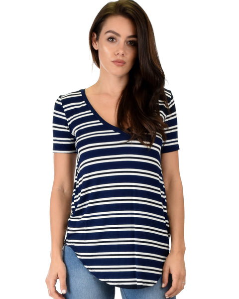 Truly Madly Deep-V Neck Striped Navy Tunic Top