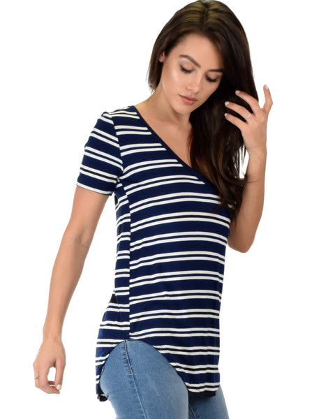 Truly Madly Deep-V Neck Striped Navy Tunic Top