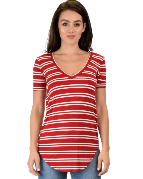 Truly Madly Deep-V Neck Striped Red Tunic Top