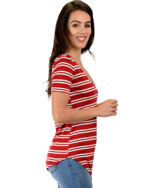 Truly Madly Deep-V Neck Striped Red Tunic Top