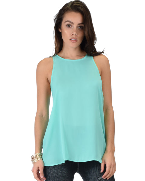 At First Crush Aqua Sleeveless Top With Keyhole Back