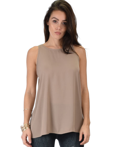 At First Crush Taupe Sleeveless Top With Keyhole Back