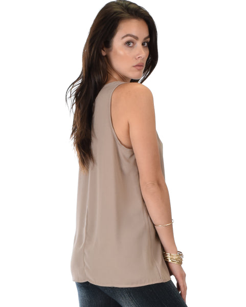 At First Crush Taupe Sleeveless Top With Keyhole Back