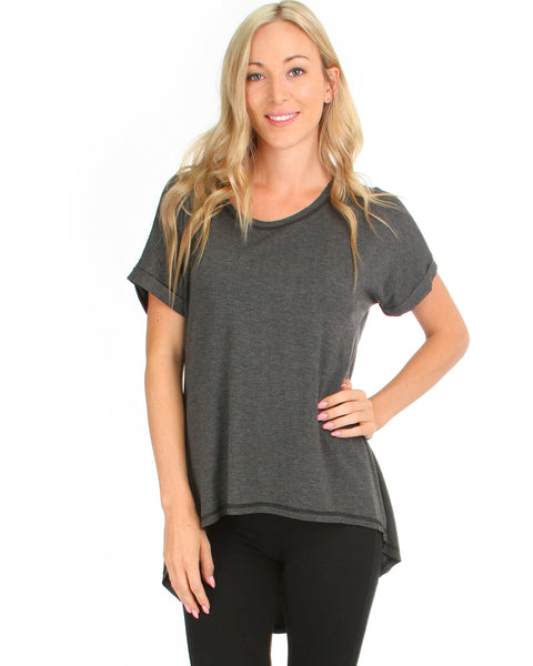 All Day Comfort Contrast Stitch Hi-Low Charcoal Tunic Top