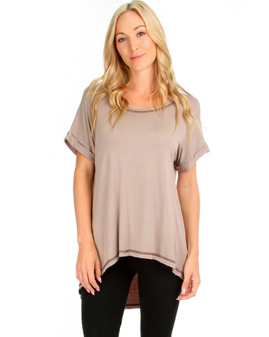 All Day Comfort Contrast Stitch Hi-Low Taupe Tunic Top