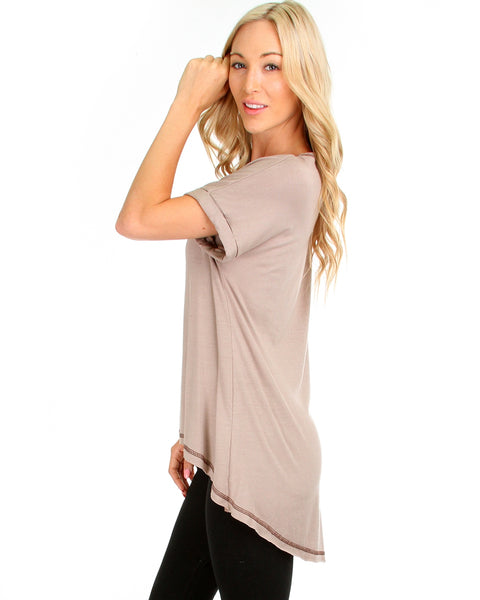 All Day Comfort Contrast Stitch Hi-Low Taupe Tunic Top