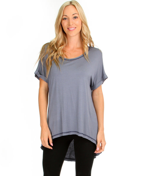 All Day Comfort Contrast Stitch Hi-Low Blue Tunic Top