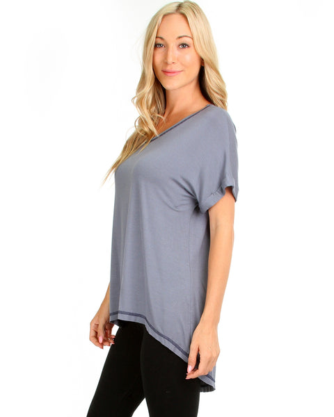 All Day Comfort Contrast Stitch Hi-Low Blue Tunic Top