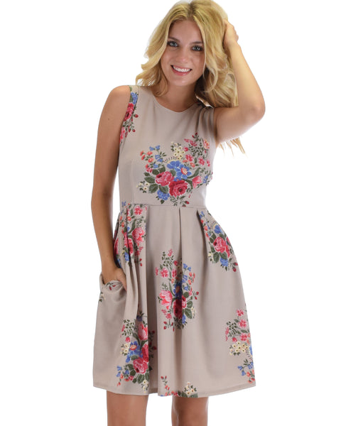 I'm Smitten Taupe Floral Print Skater Dress With Pockets