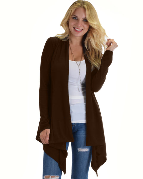 Body Slimming Draped Ribbed Brown Cardigan